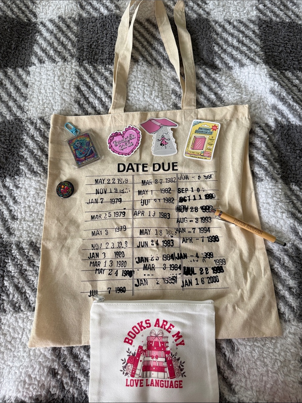 Date Due Library Tote Bag with Patches - Cream Canvas 📚
